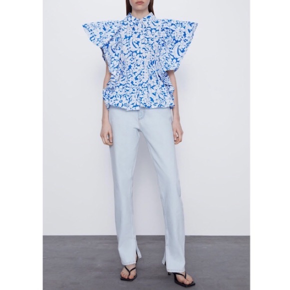 ZARA Printed Poplin Top Blue White S - Picture 4 of 11